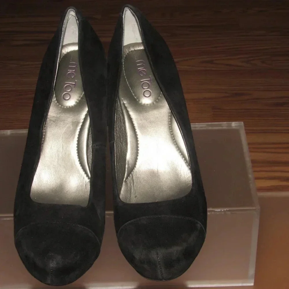 ME TOO Lust Black Suede Leather Pumps Block Heels Shoes Size 9M